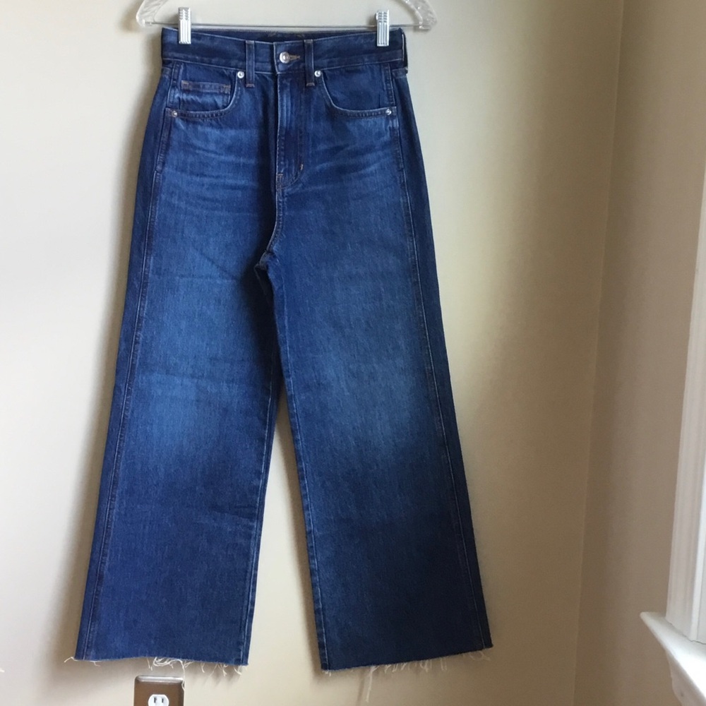 NEW Veronica Beard Taylor High Rise Wide Leg Raw Hem Crop Jeans Bright Blue 25